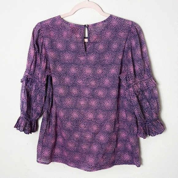 Banjanan Chloe top Petal Power Blueprint Purple blue Ruffle Sleeve Top sz Small - Picture 4 of 11